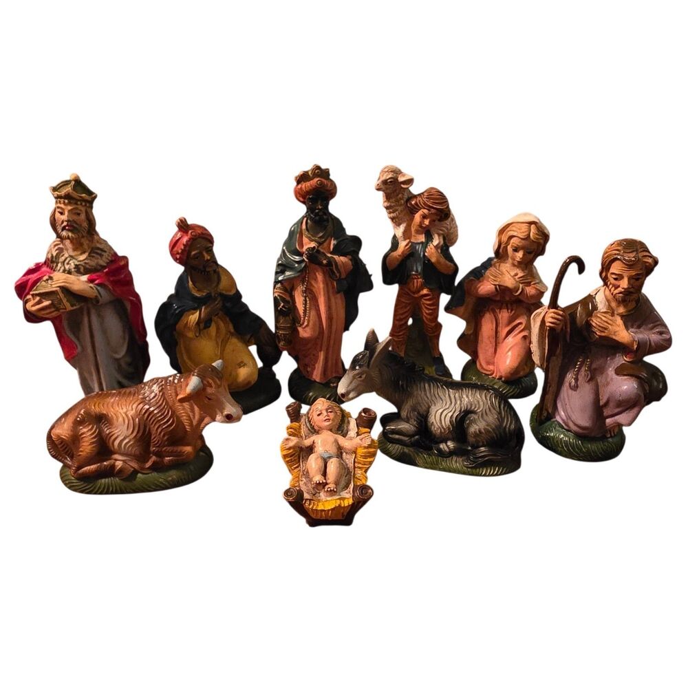 Vtg Italy Nativity Hand Painted Resin Figurine Mary Joseph Shepherd Jesus 9pc